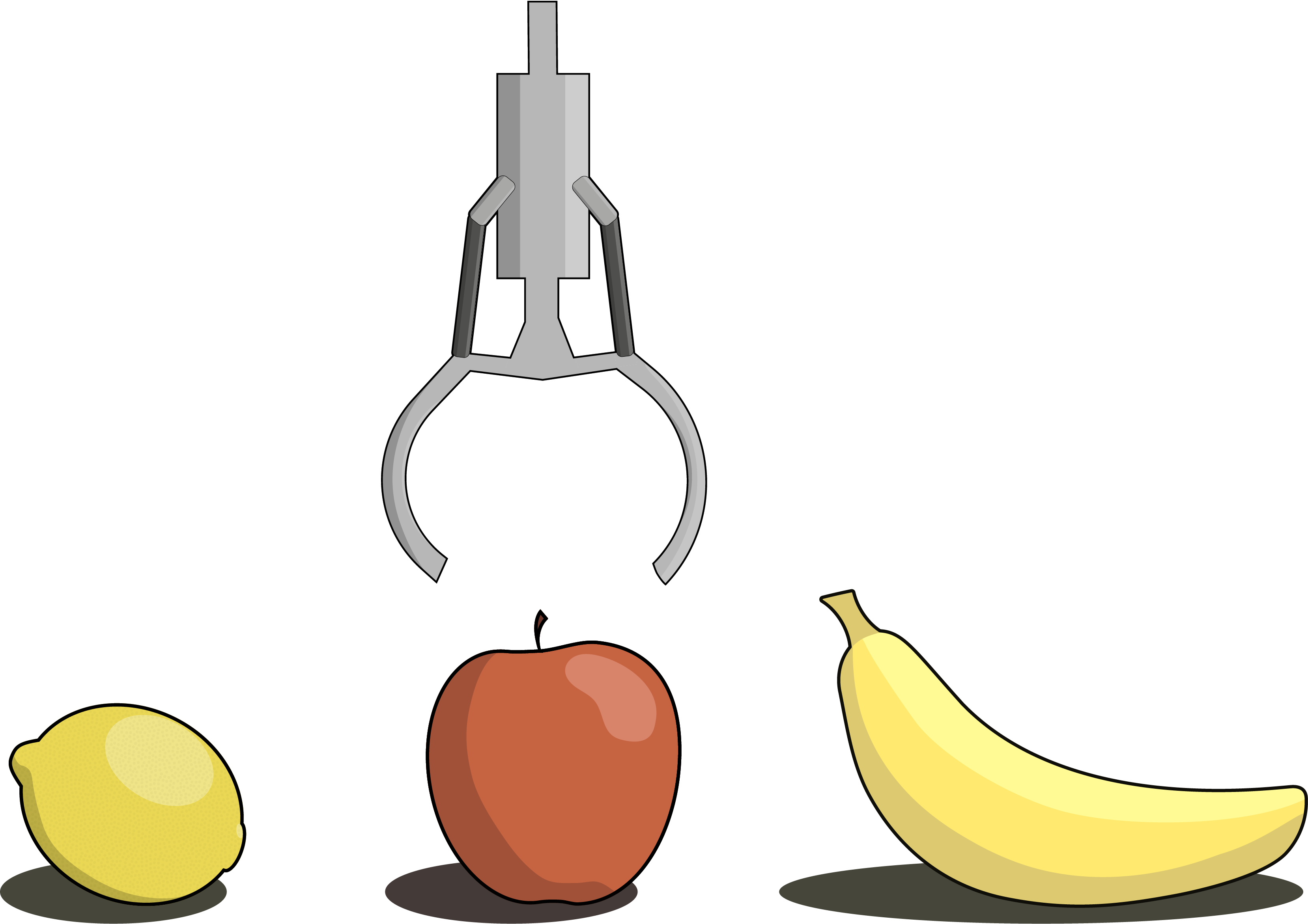 A claw drops down from out of the frame, seemingly about to pick up the apple, but not the banana or the lemon.