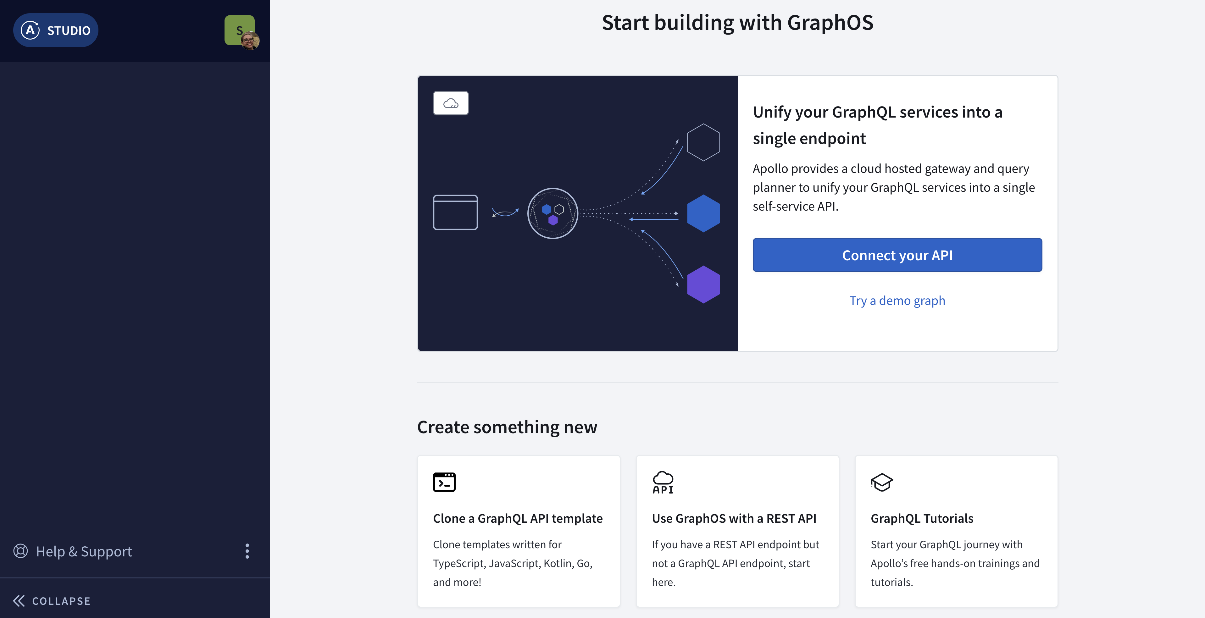 The landing page for creating a new GraphQL API, showing a Connect Your API button and a Try a demo graph button.