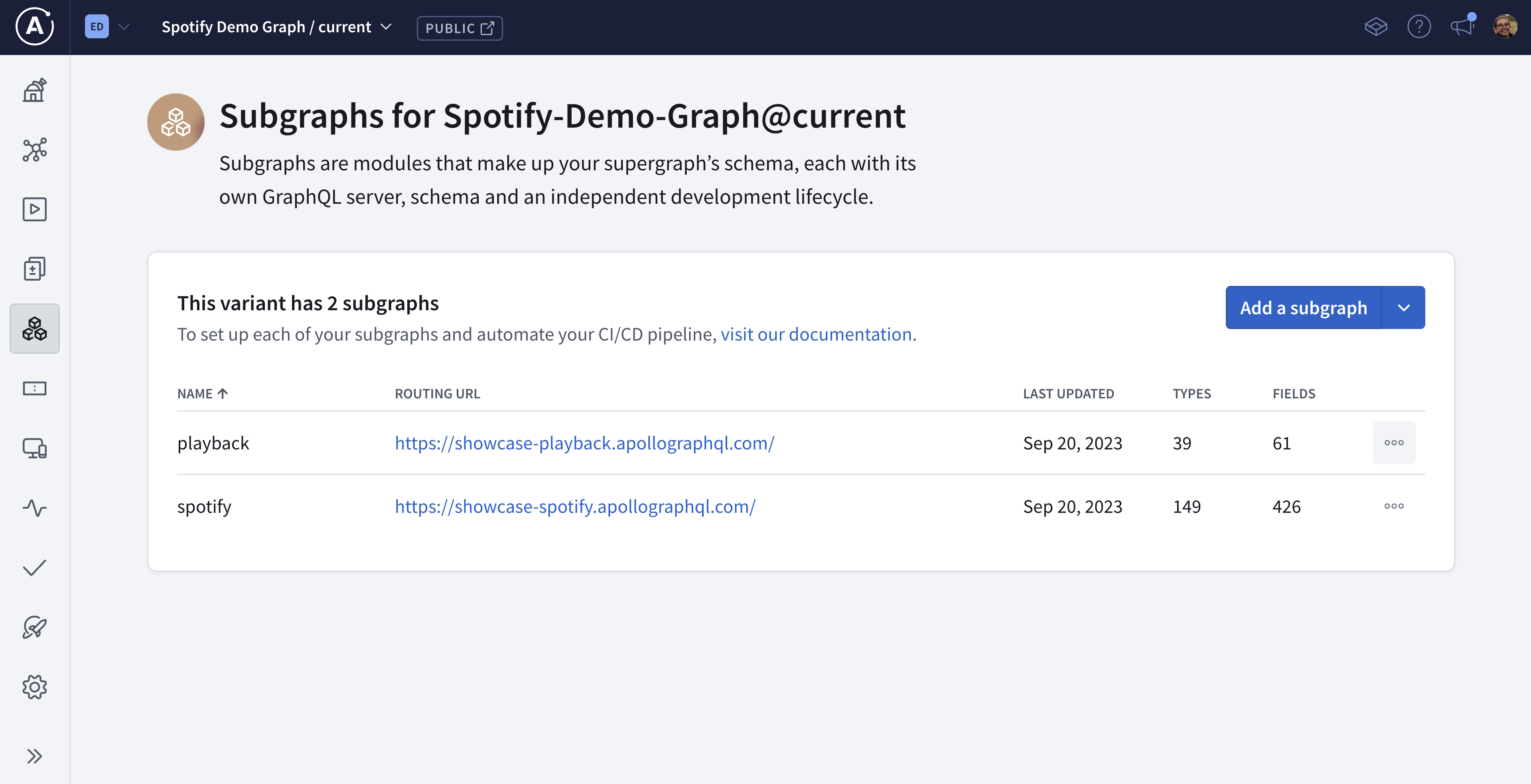 The GraphOS Studio Subgraphs page, showing two subgraphs: playback and spotify.