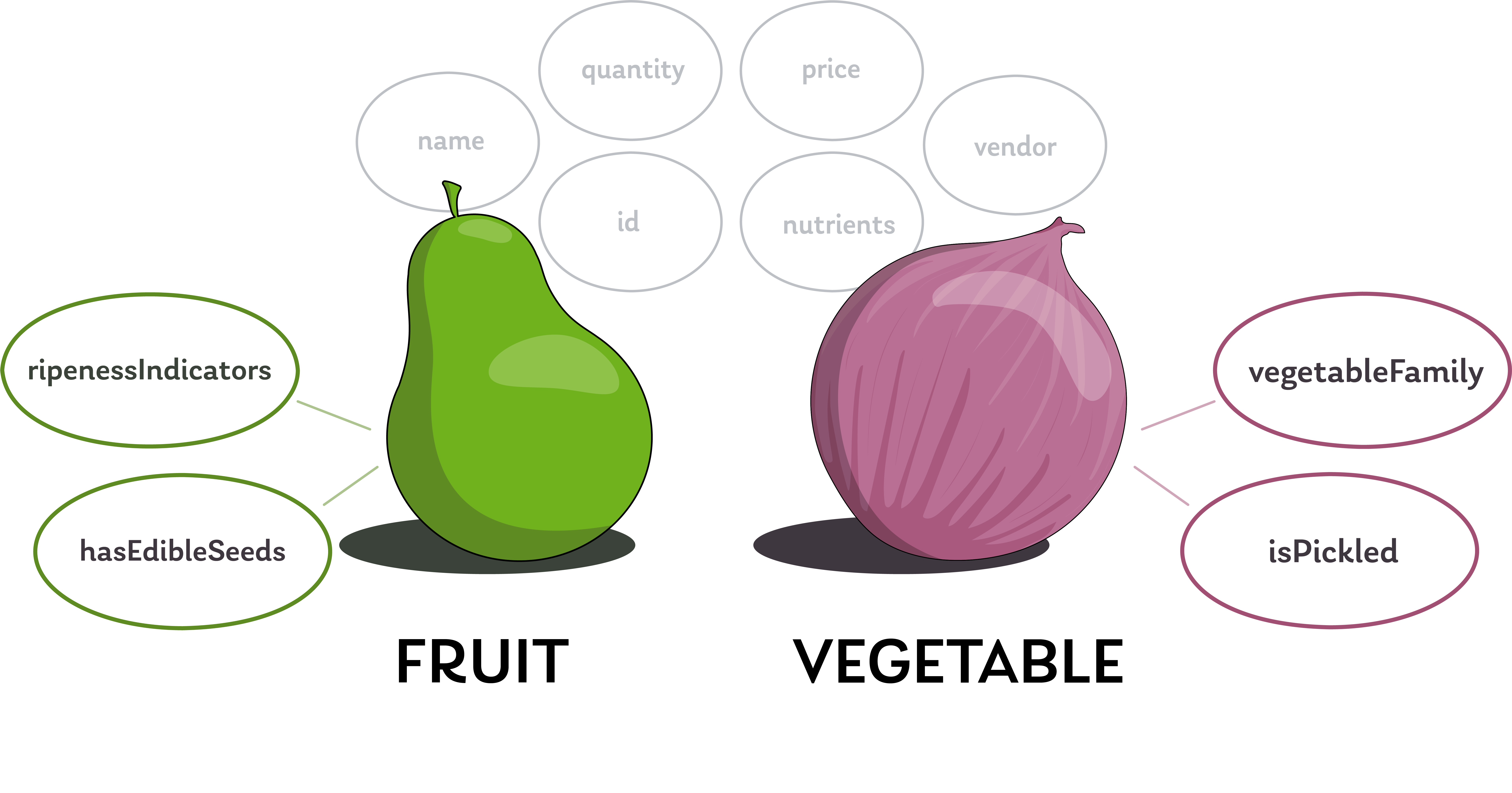 A pear represents the Fruit type, and an onion represents the Vegetable type. They have six fields in common, but each also defines two of its own unique fields that the other does not.