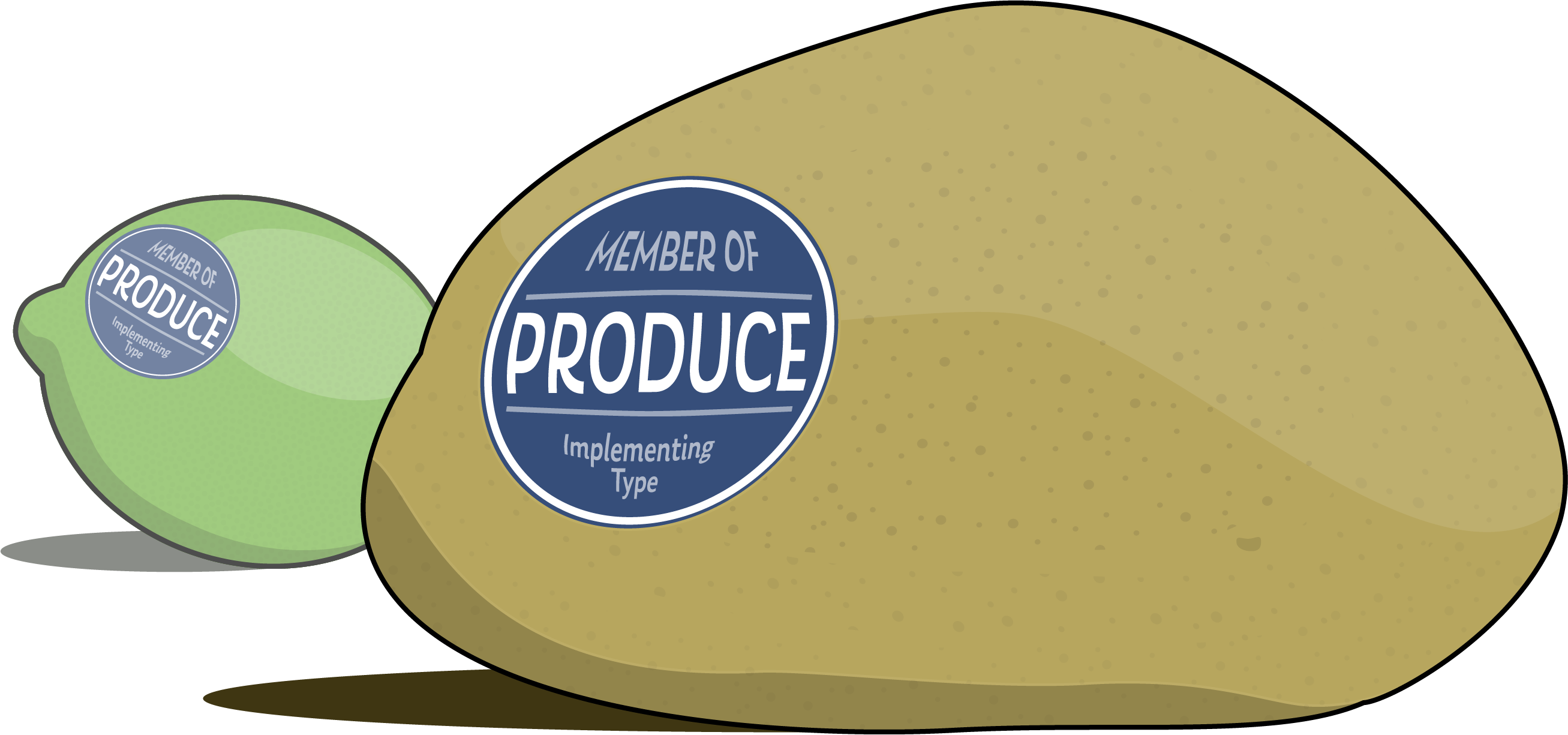A potato and a lime, both with a sticker that identifies each as a member of Produce.