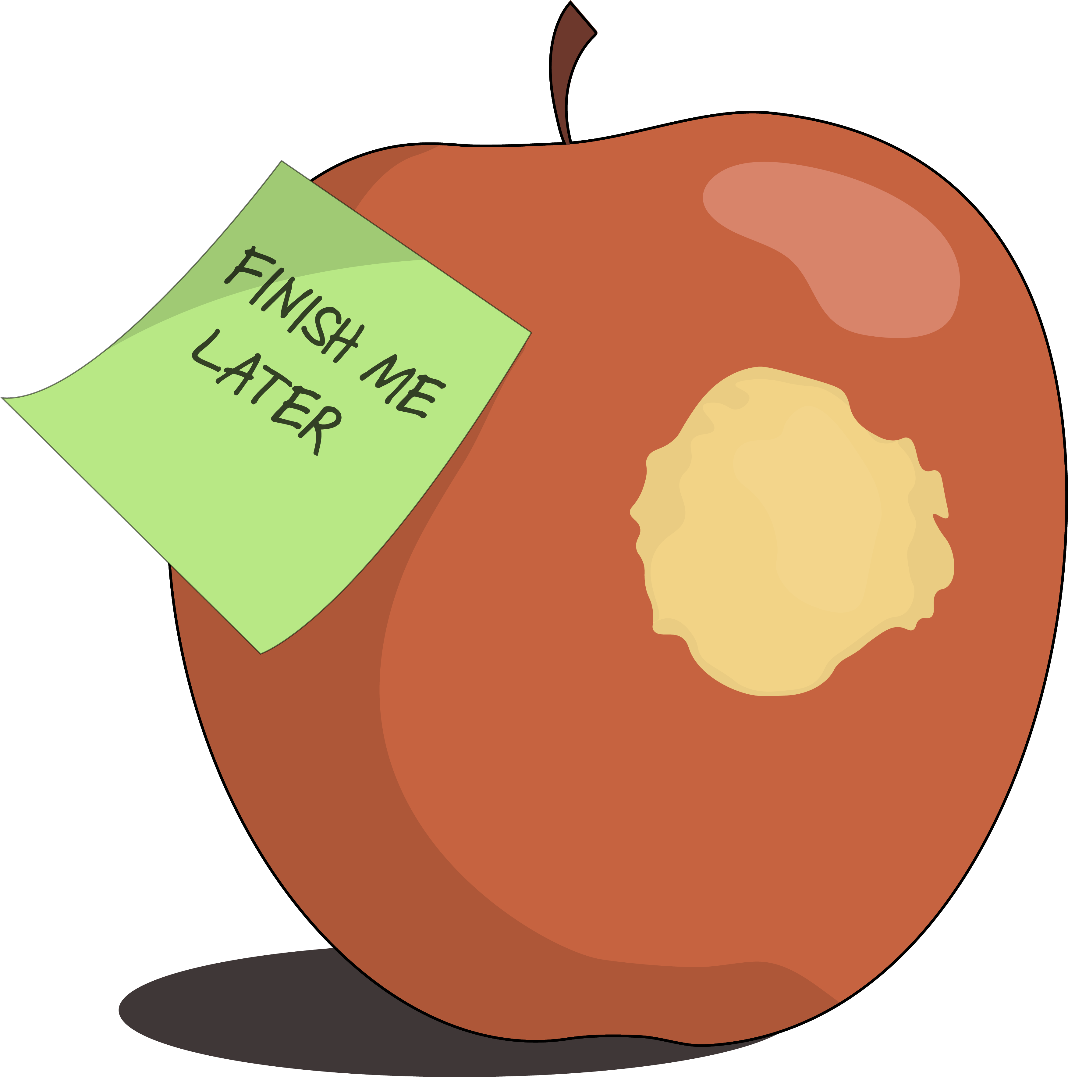 An apple that has had a bite taken out of it, along with a note reminding someone to finish the rest later.